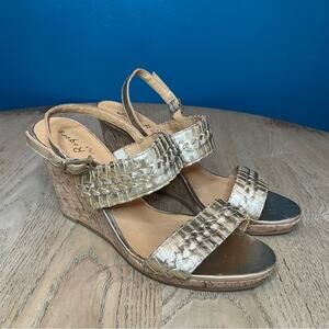 Jack Rogers Tinsley High Wedge Sandals Metallic Gold Leather Womens Size 9